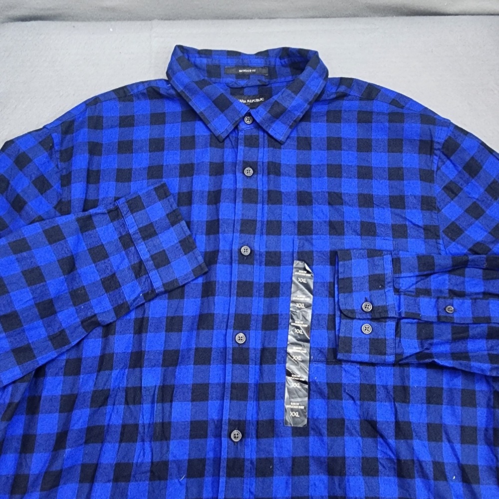 Banana Republic Untucked Slim‎ Fit Shirt Blue Black Buffalo Check Mens XXL NWT